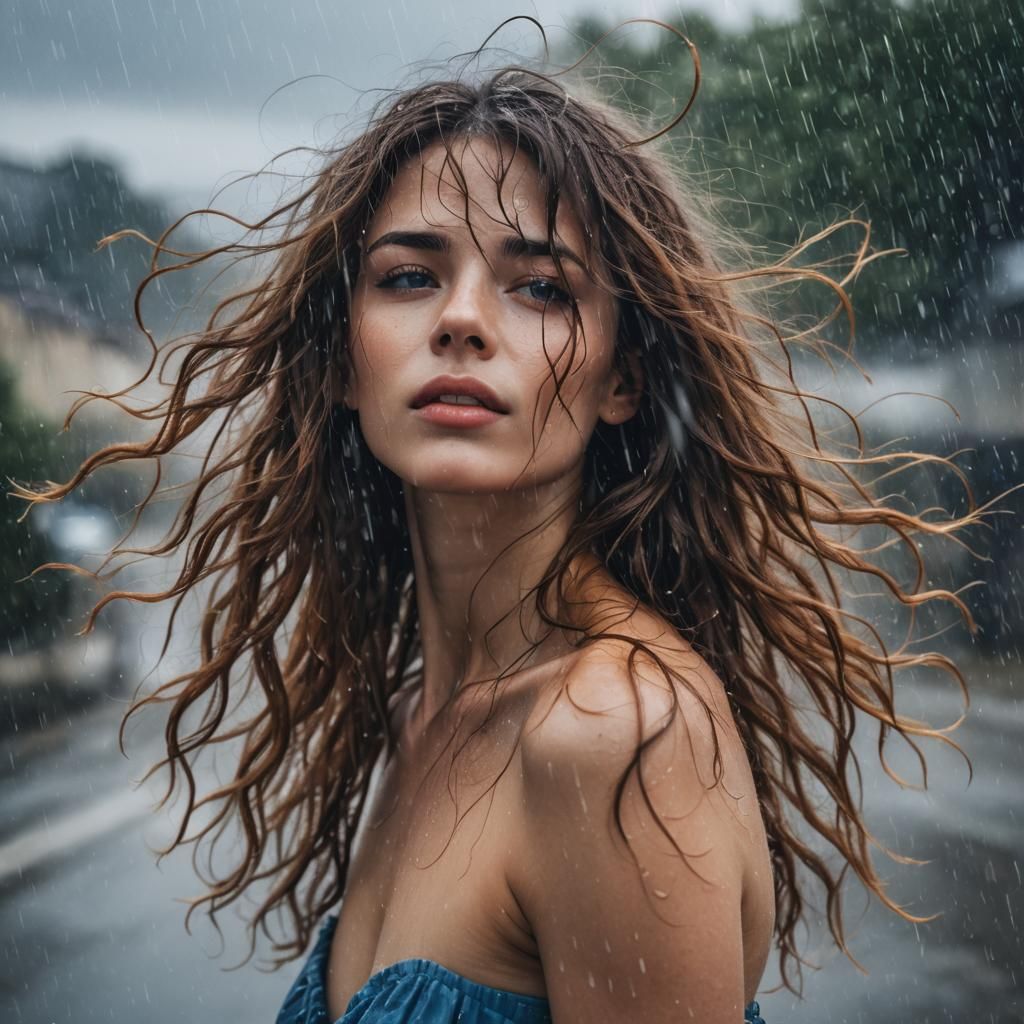 Sensual Nude Woman in the Rain, Long Brown Hair