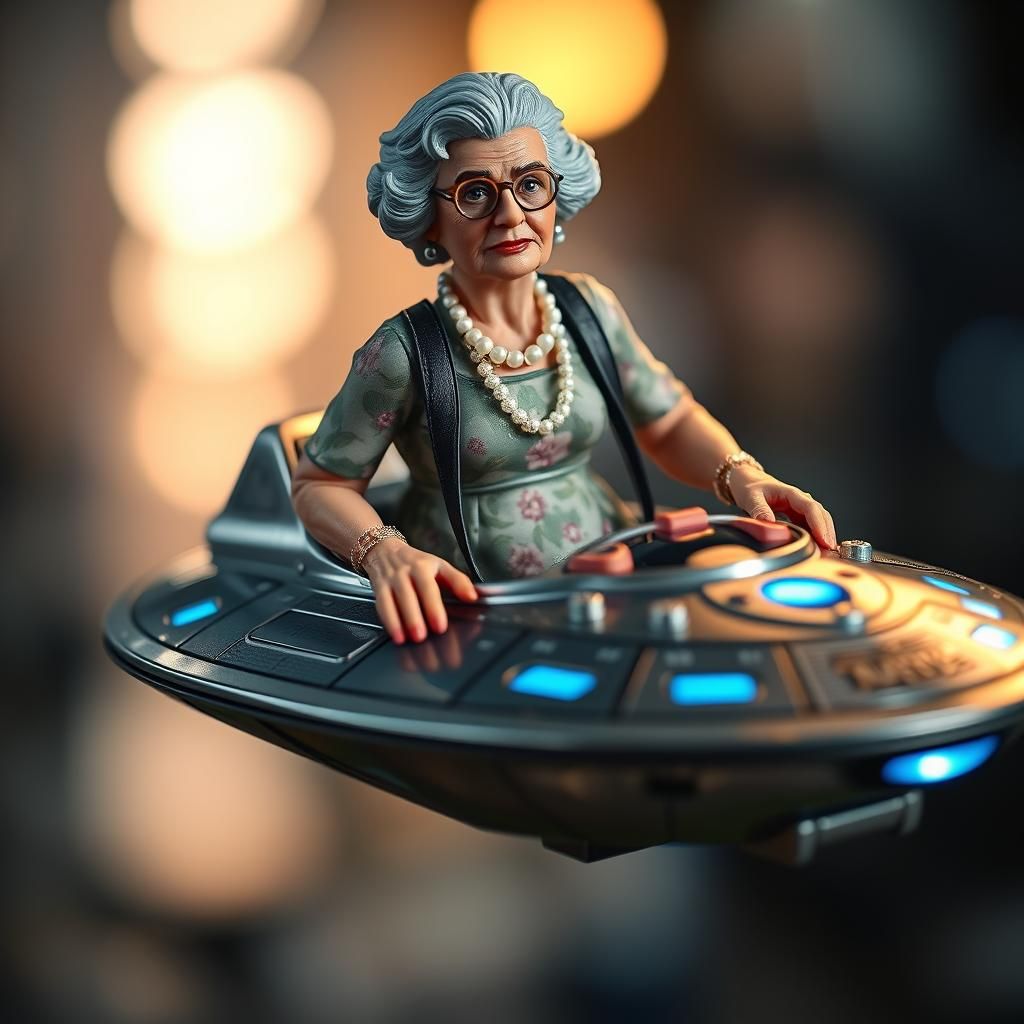 Grandma Action Figure on Flying Saucer, Photorealistic HDR