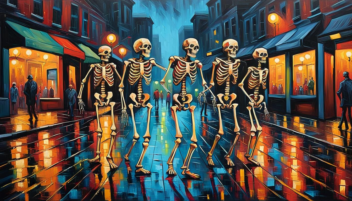 Skeletons Dancing in Rainy City: Neo-Expressionist Oil Paint...