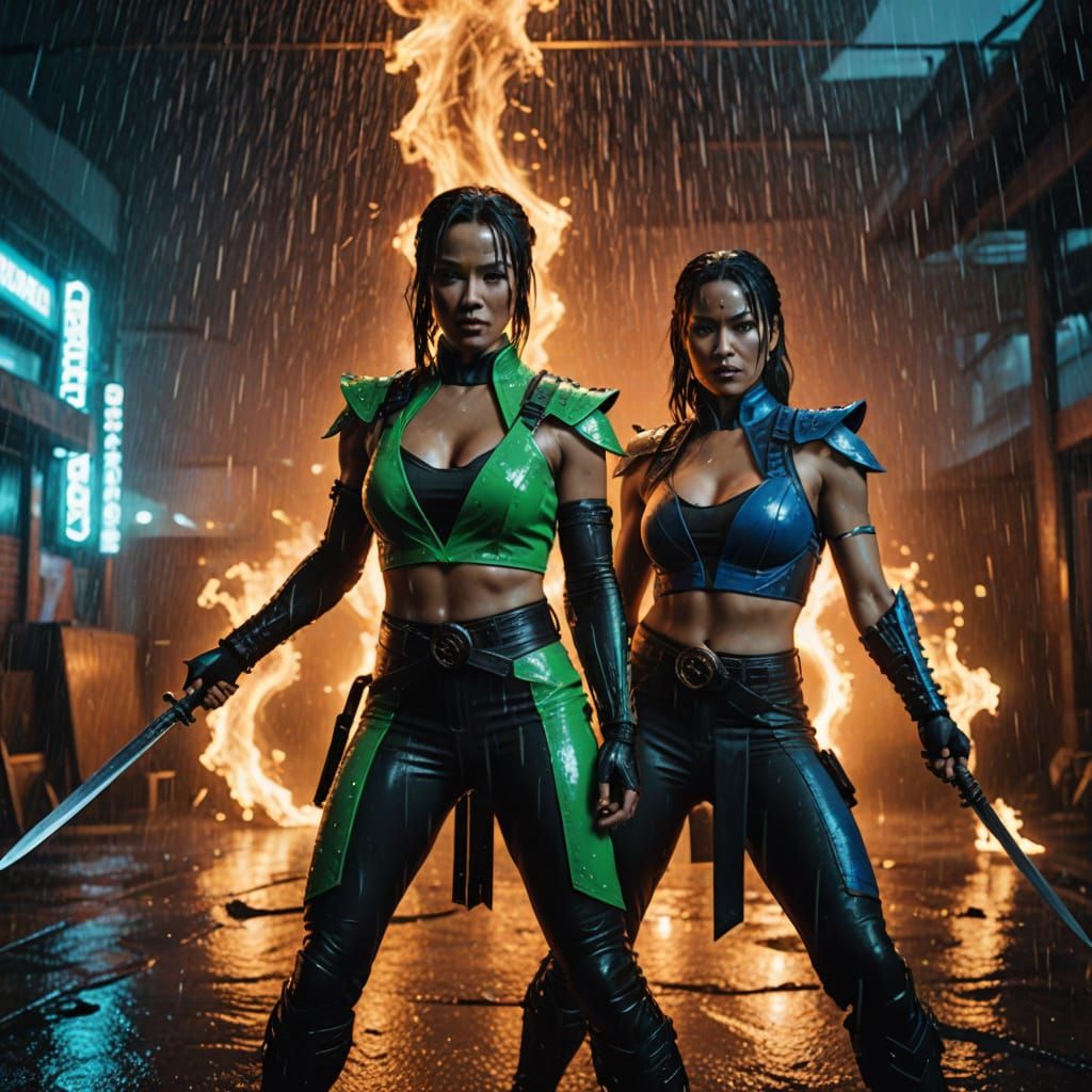 Busty Mortal Kombat Babes Stand in Neon Rain