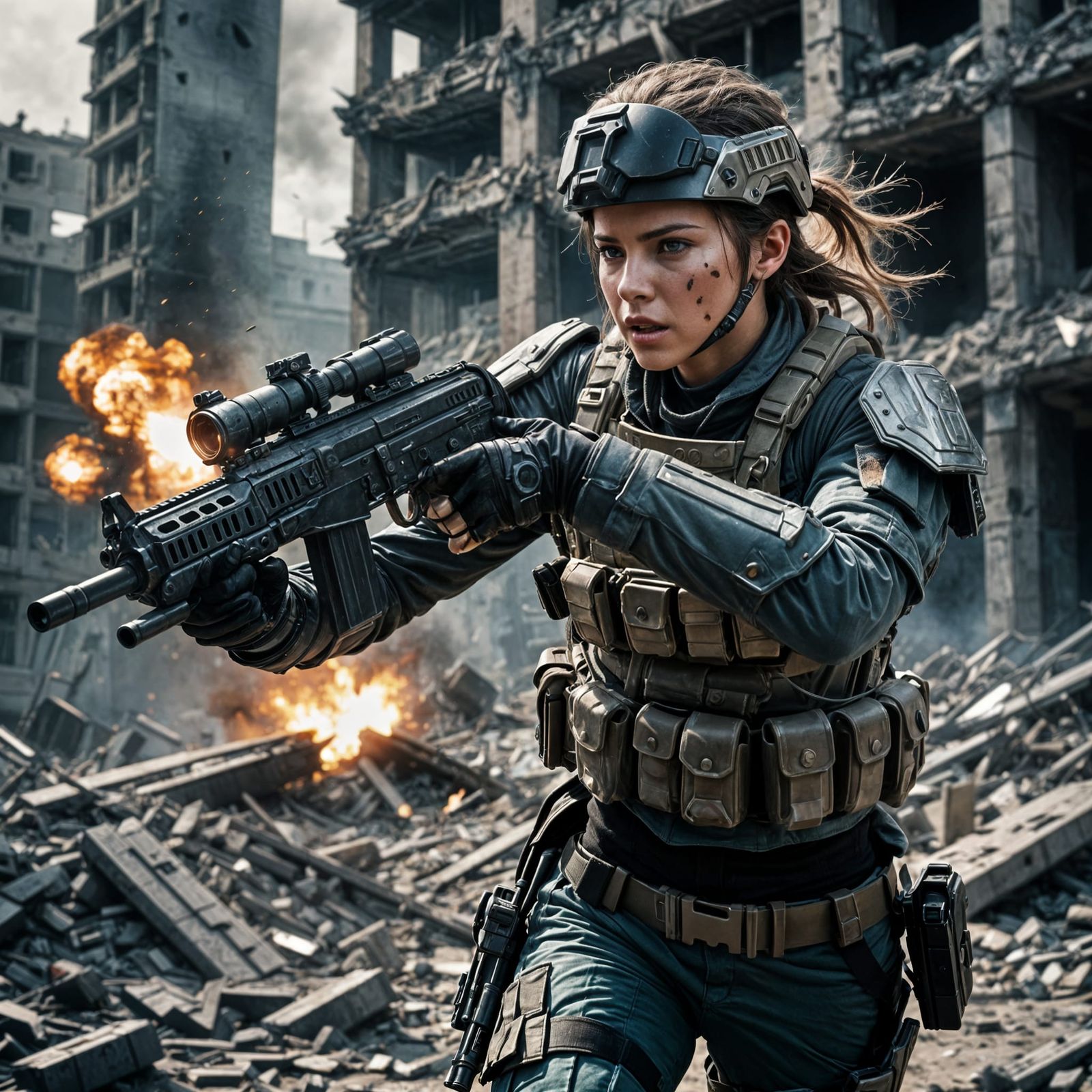 A futuristic female soldier fighting in a war