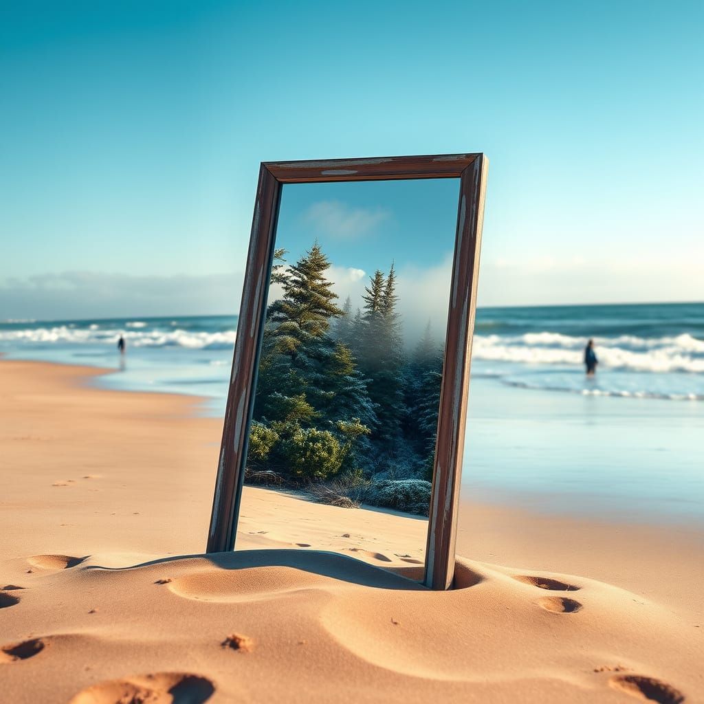 Weathered Beach Mirror Reflects Winter Jungle Scene