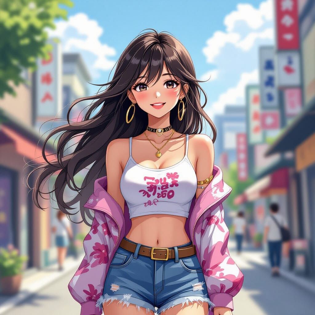 Anime Woman in Gyaru Fashion in Japanese City