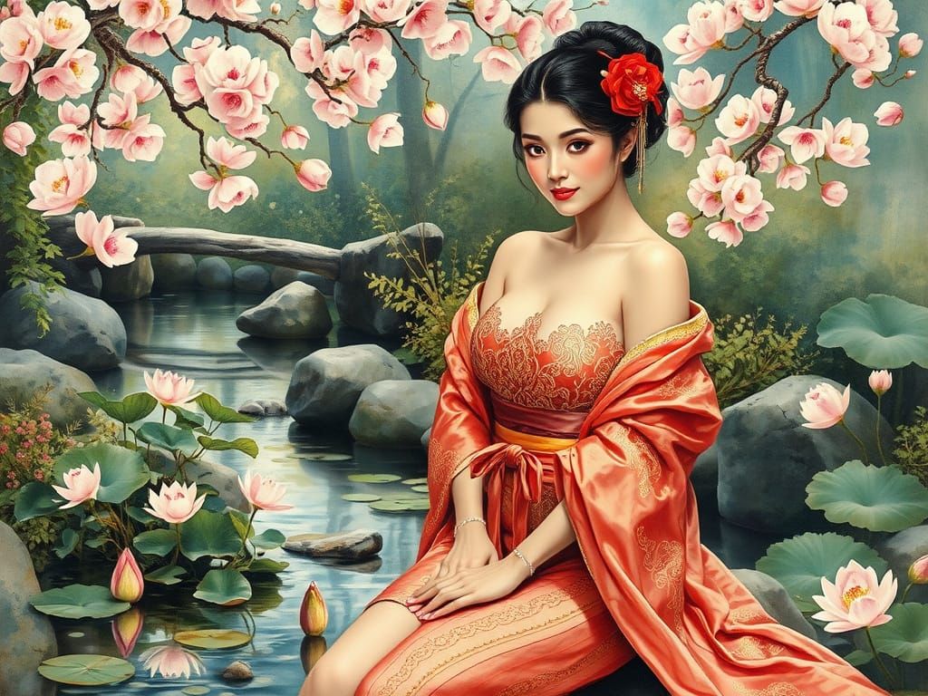 Japanese Maiden in Silk Dress by Cherry Blossom Stream