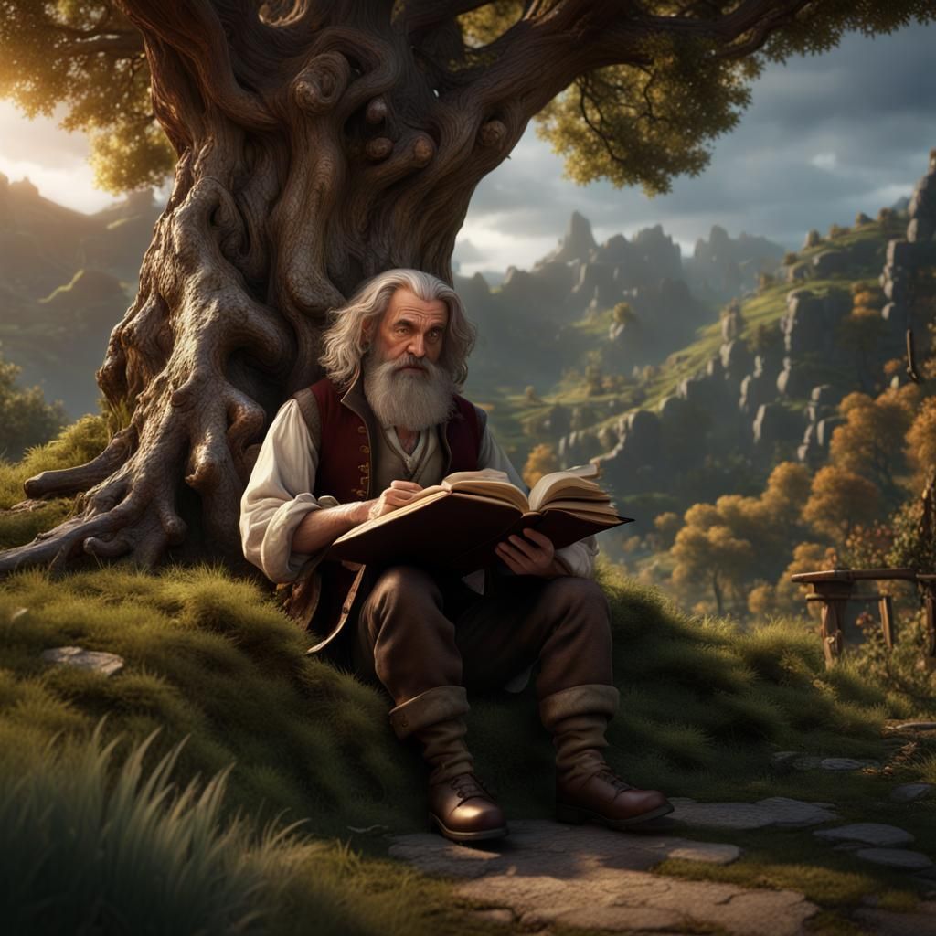 Hobbit Daydreaming in Shire with Magic Book