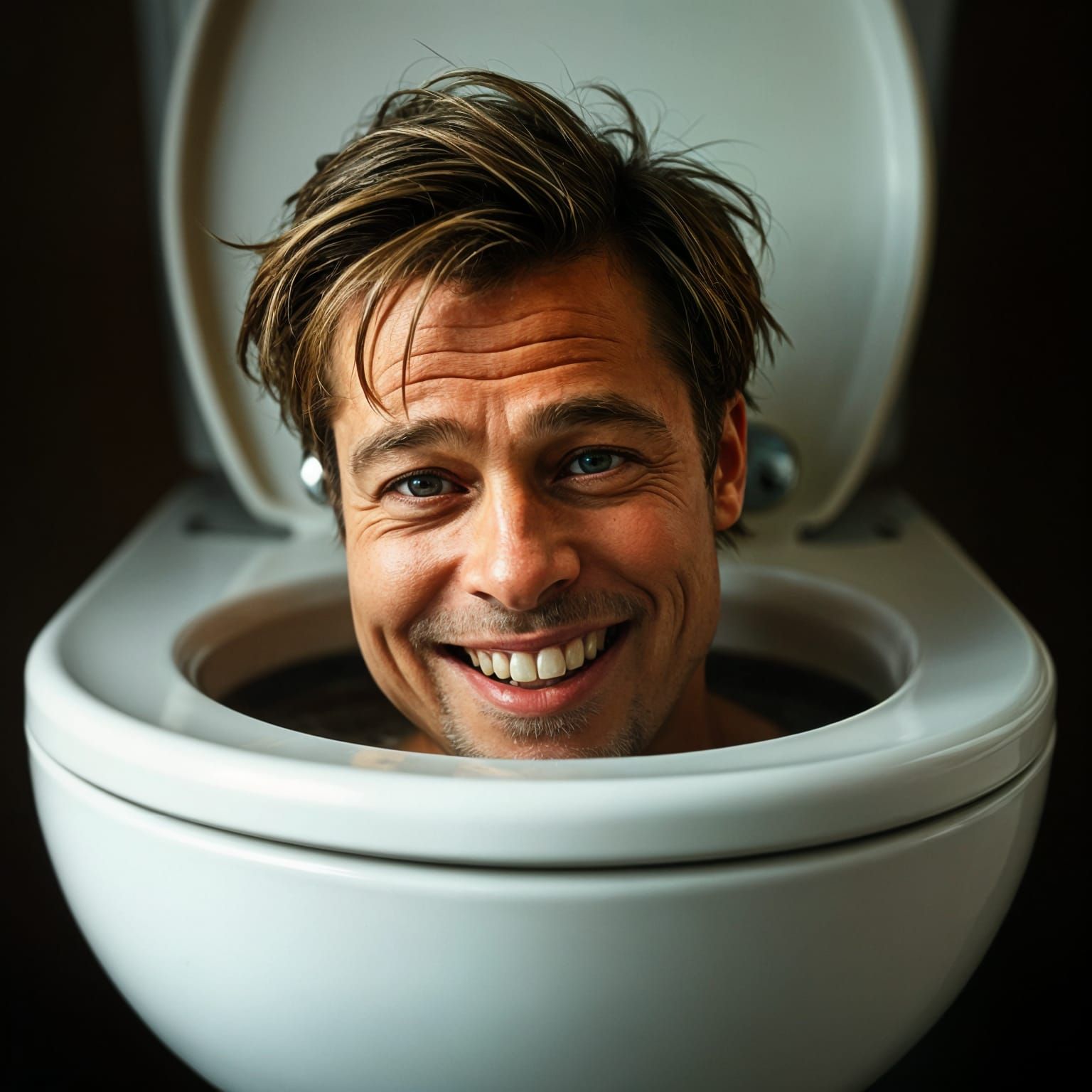 Brad Pitt Peers Out of a Toilet Bowl with a Grin