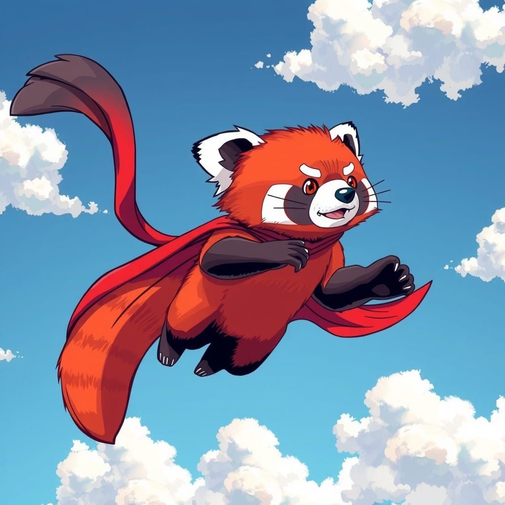 Bold Red Panda Soars Through the Sky in Vibrant, Dynamic Ill...