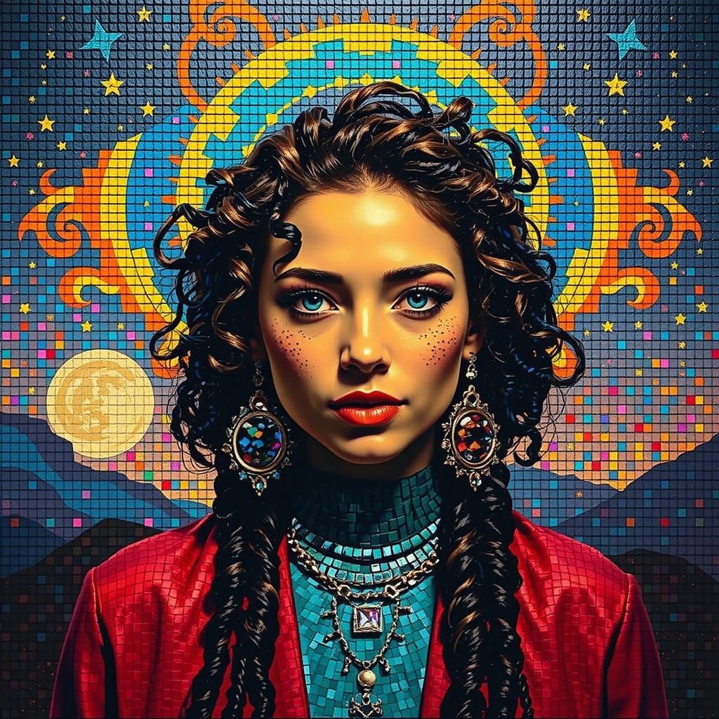 Iridescent Mosaic Woman in Starry Night Sky