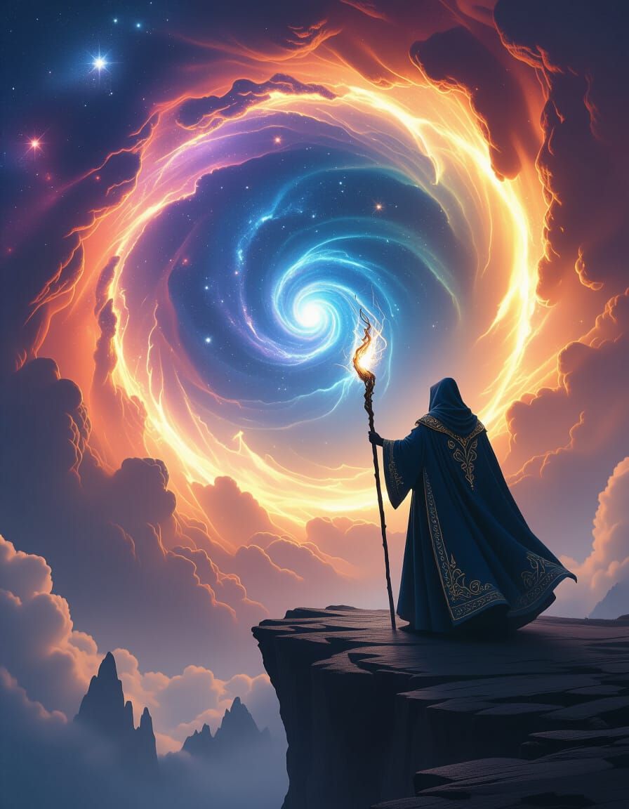 Wizard Gazing into Cosmic Vortex - Epic Fantasy Art