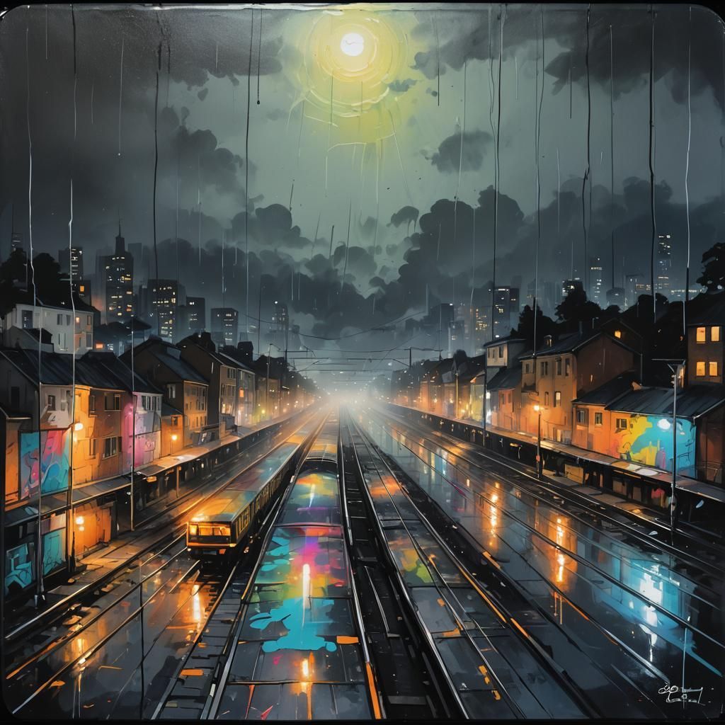 Summer Night Train Window View in Graffiti Style