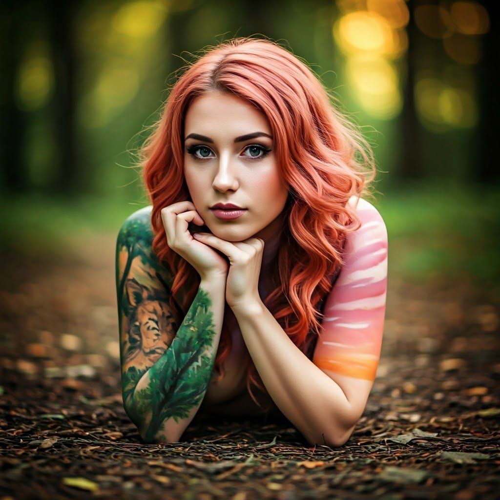 Woman with Lion Body Paint in Forest