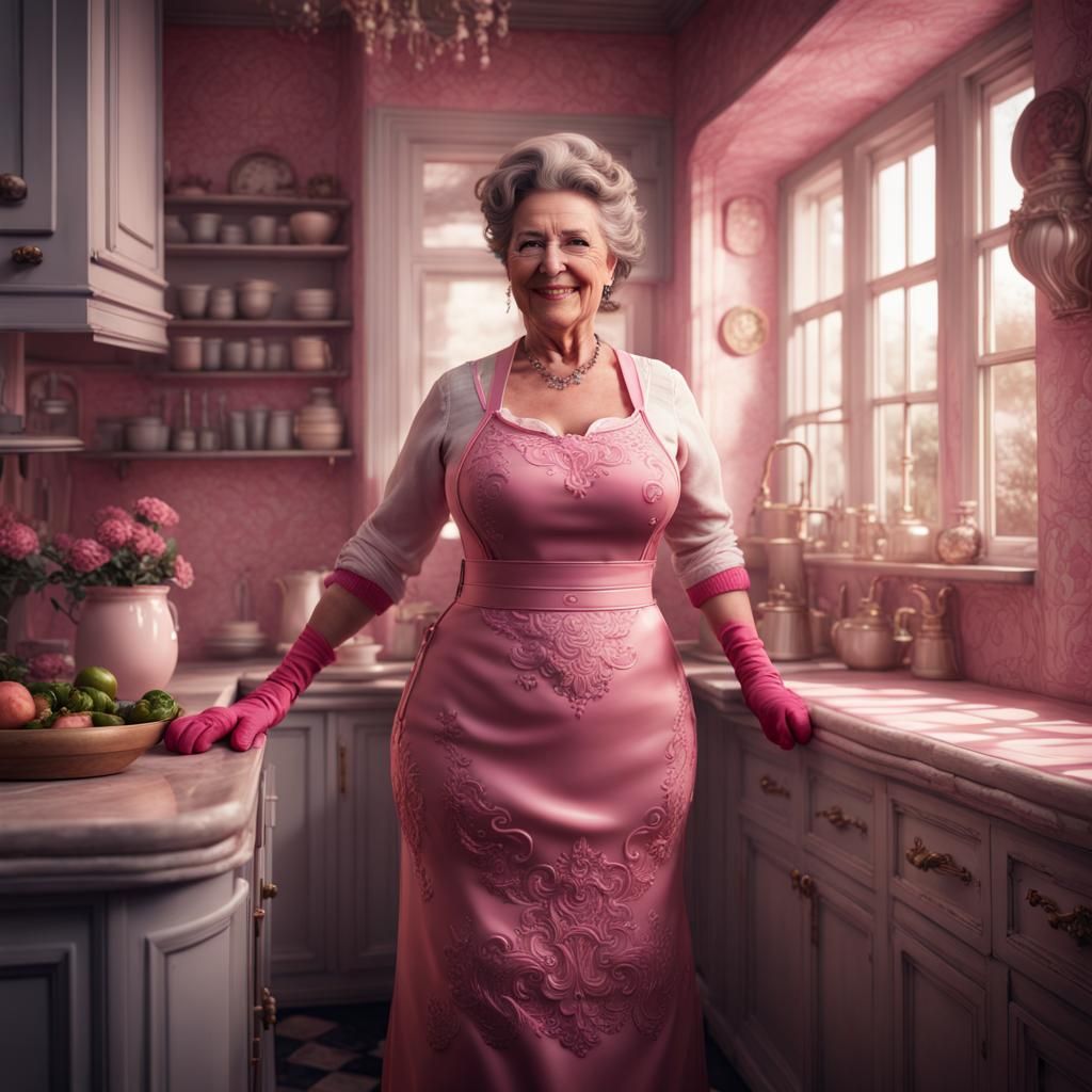 Curvy Woman in Pink Rubber Dress in Kitchen