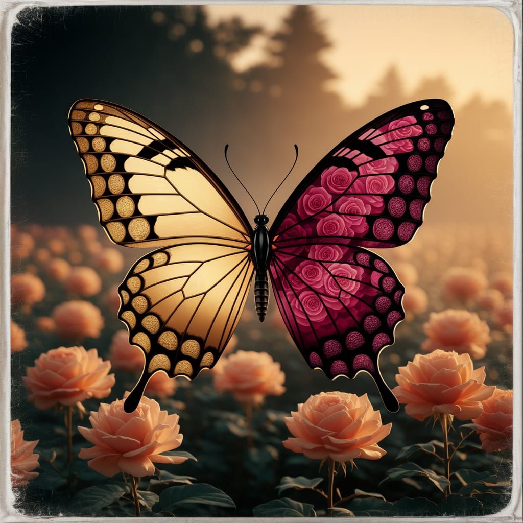 Ethereal Butterfly with Stained Glass Wings in Gold and Rose...