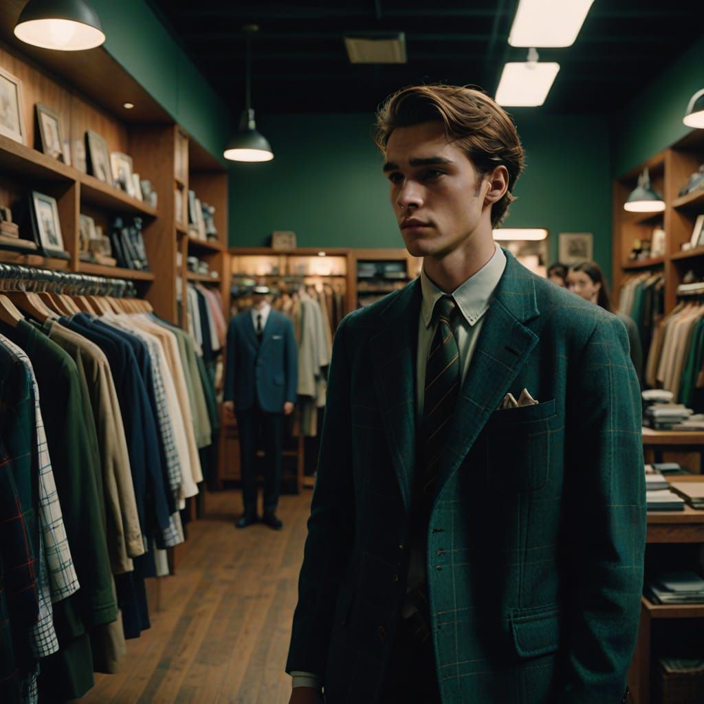 Young Man Contemplates Schoolgirl Uniform in a Fashion Store