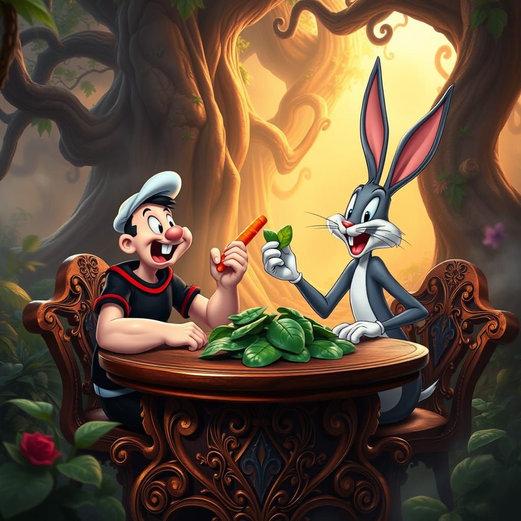 Whimsical Table Scene with Popeye and Bugs Bunny