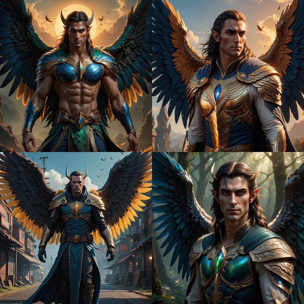 Elegant Fantasy Sorcerer with Golden Eyes and Feathered Wing...