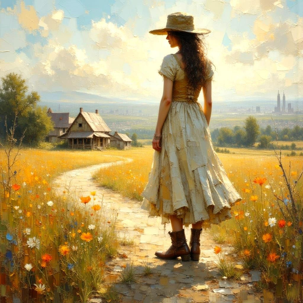 Country Girl's Pastel Impasto Oil Painting