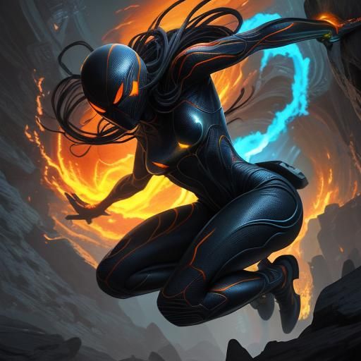 Spider-Girl Free Running in Alien Maze: Digital Art