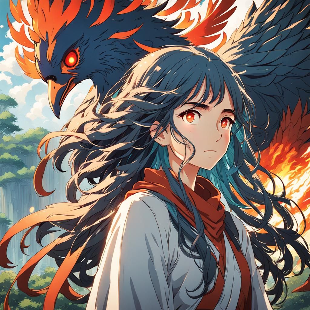 Anime Girl with Phoenix, Studio Ghibli Style
