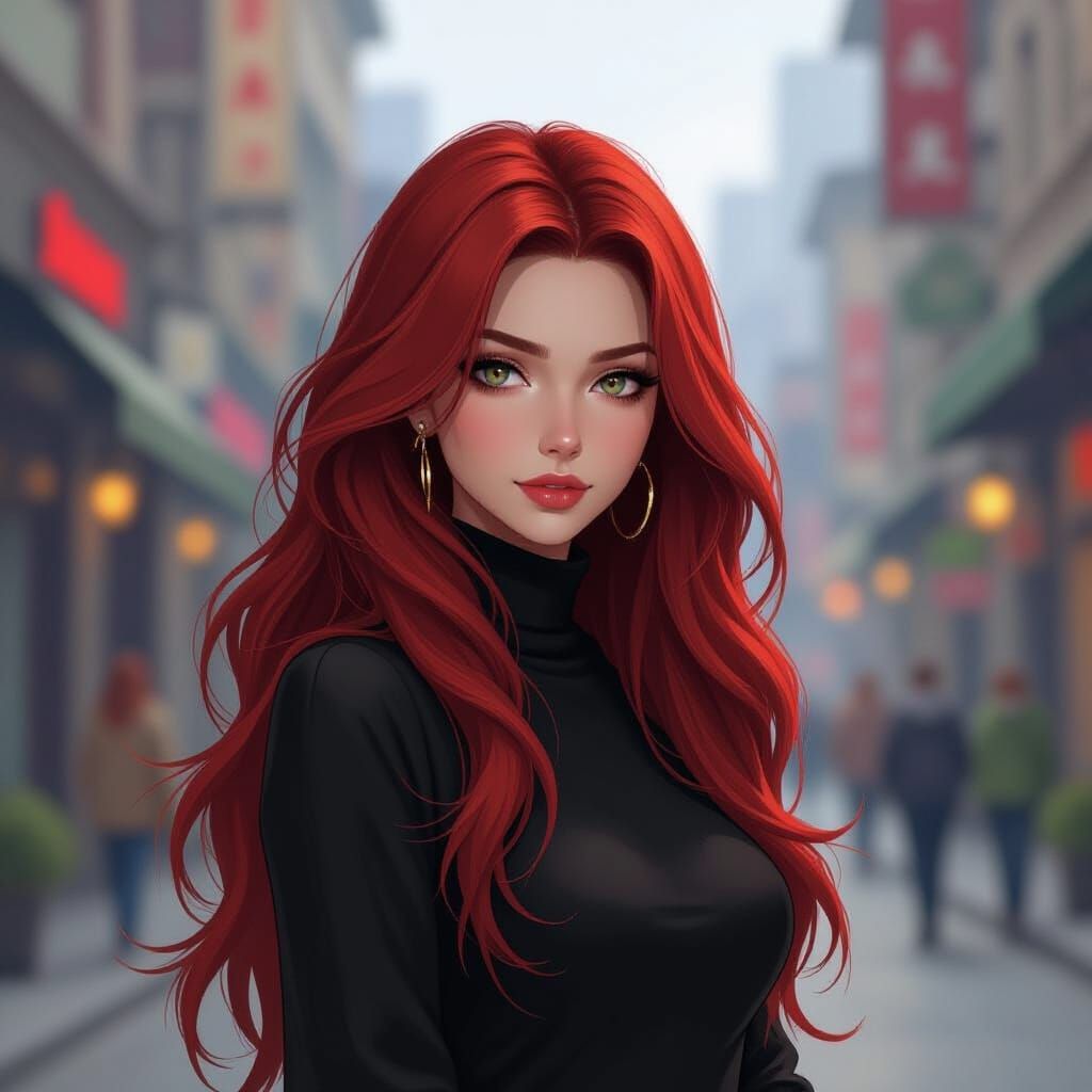 Red-Haired Woman with Hidden Evil in Hyper-Realistic Anime S...