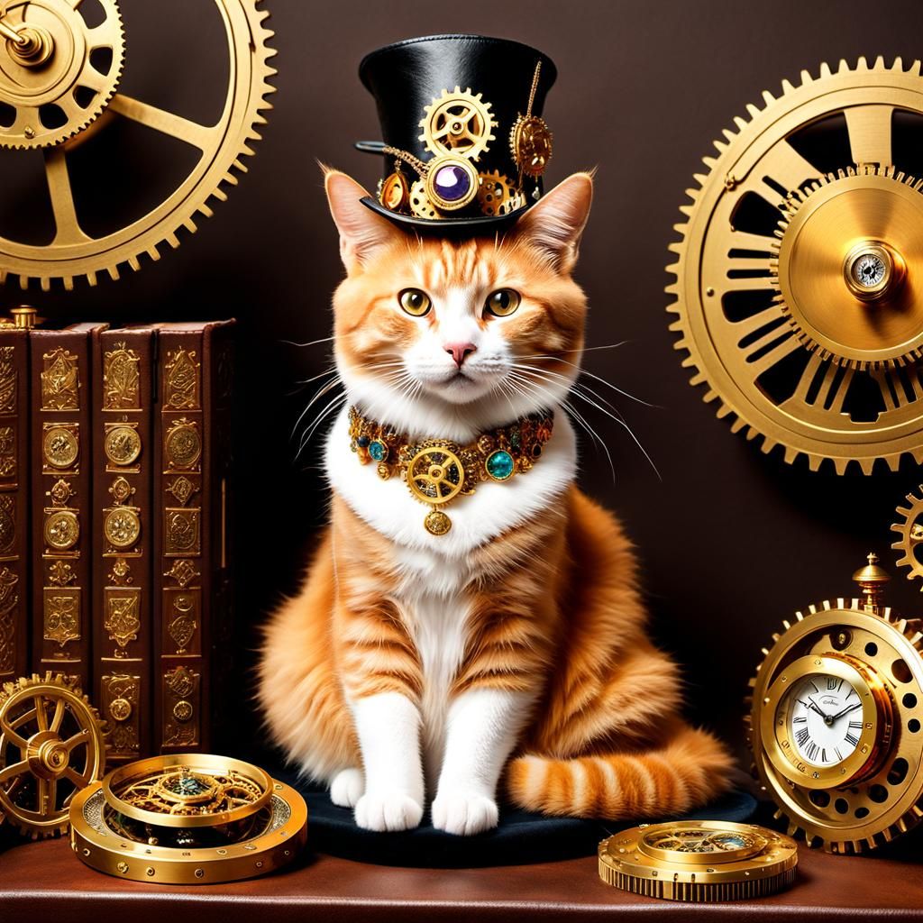Steampunk Cat in Ornate Brass Setting