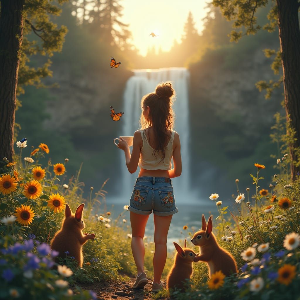 Happy Hippie Woman in Forest with Animals