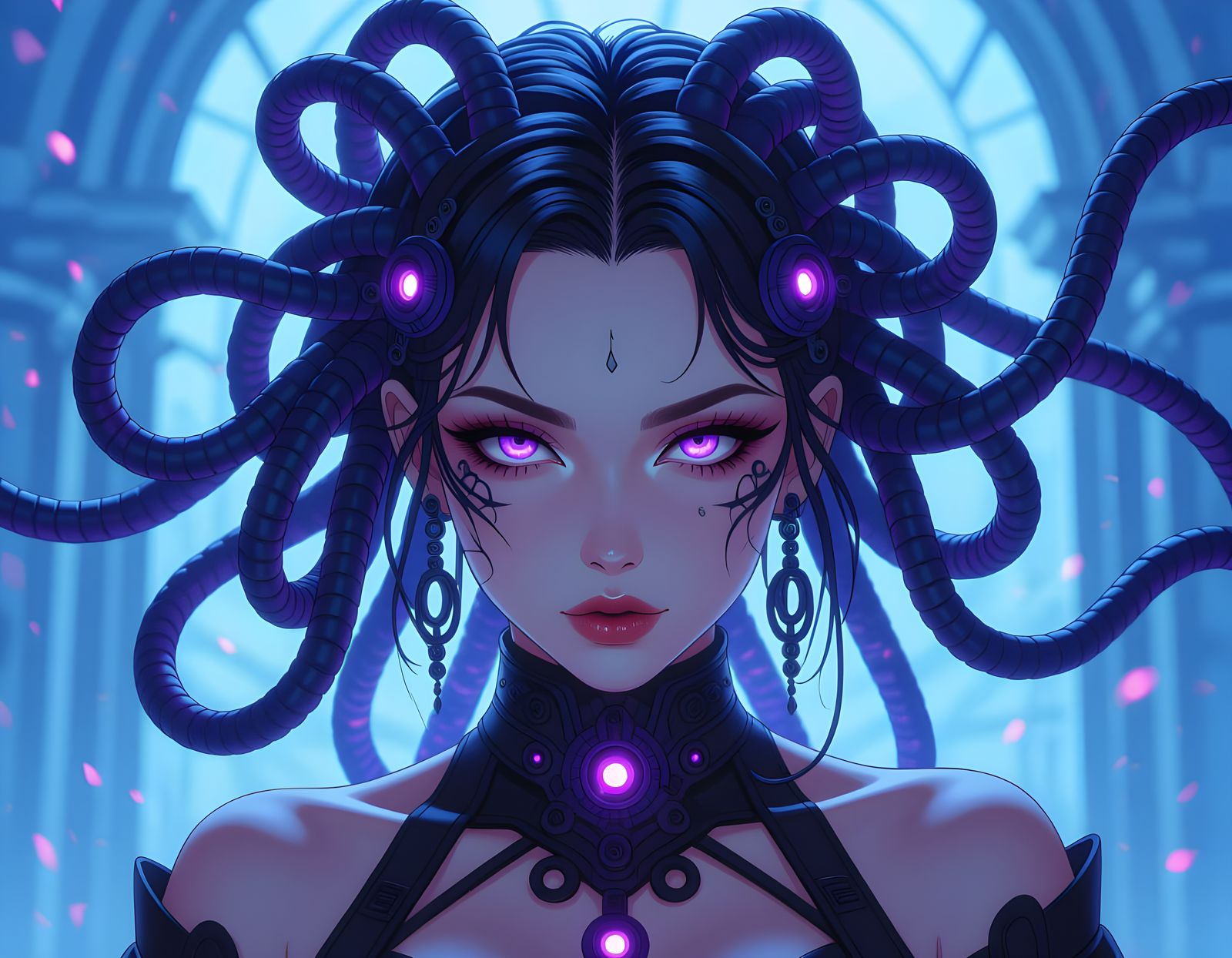 Cybernetic Medusa with Fiber Optic Snakes in Anime Style