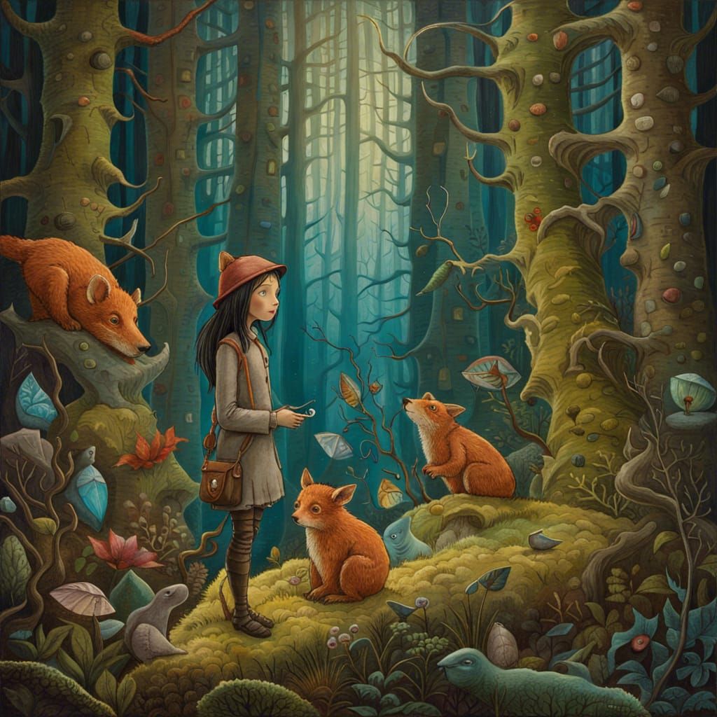 Enchanted Forest: Curious Creatures Watching a Girl