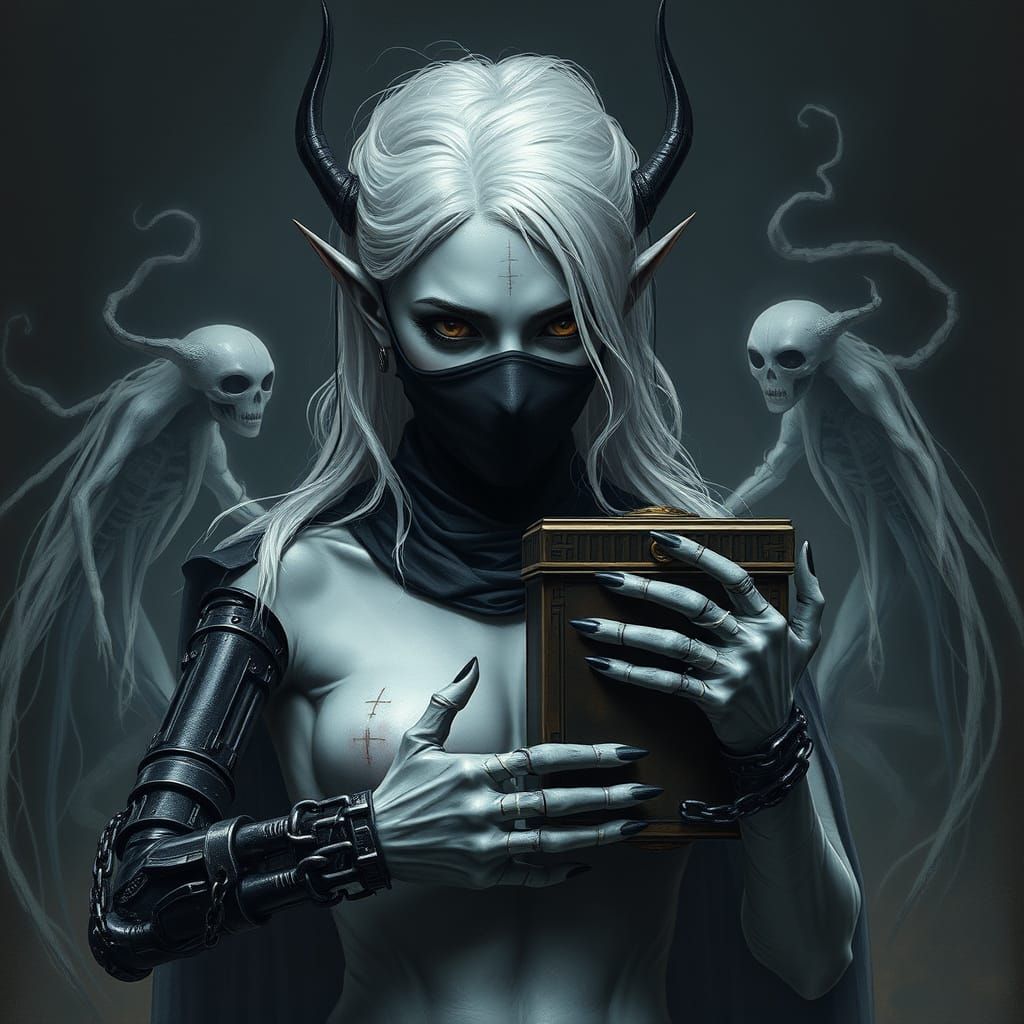 Gothic Cyberpunk Woman with Robotic Arm and Box