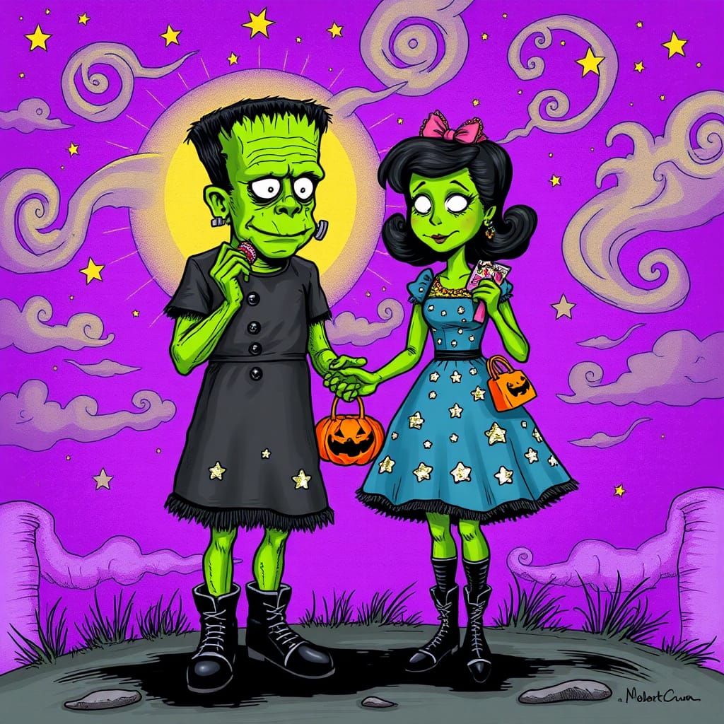 Frankenstein and Bride Celebrate Halloween, Psychedelic Art