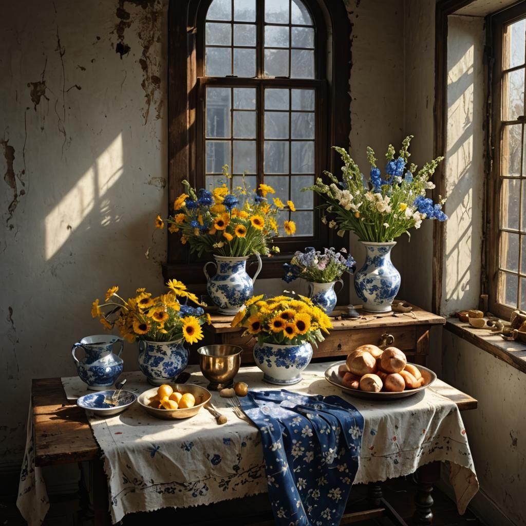 Golden Flowers on Butcher Table, Hyperrealist Painting
