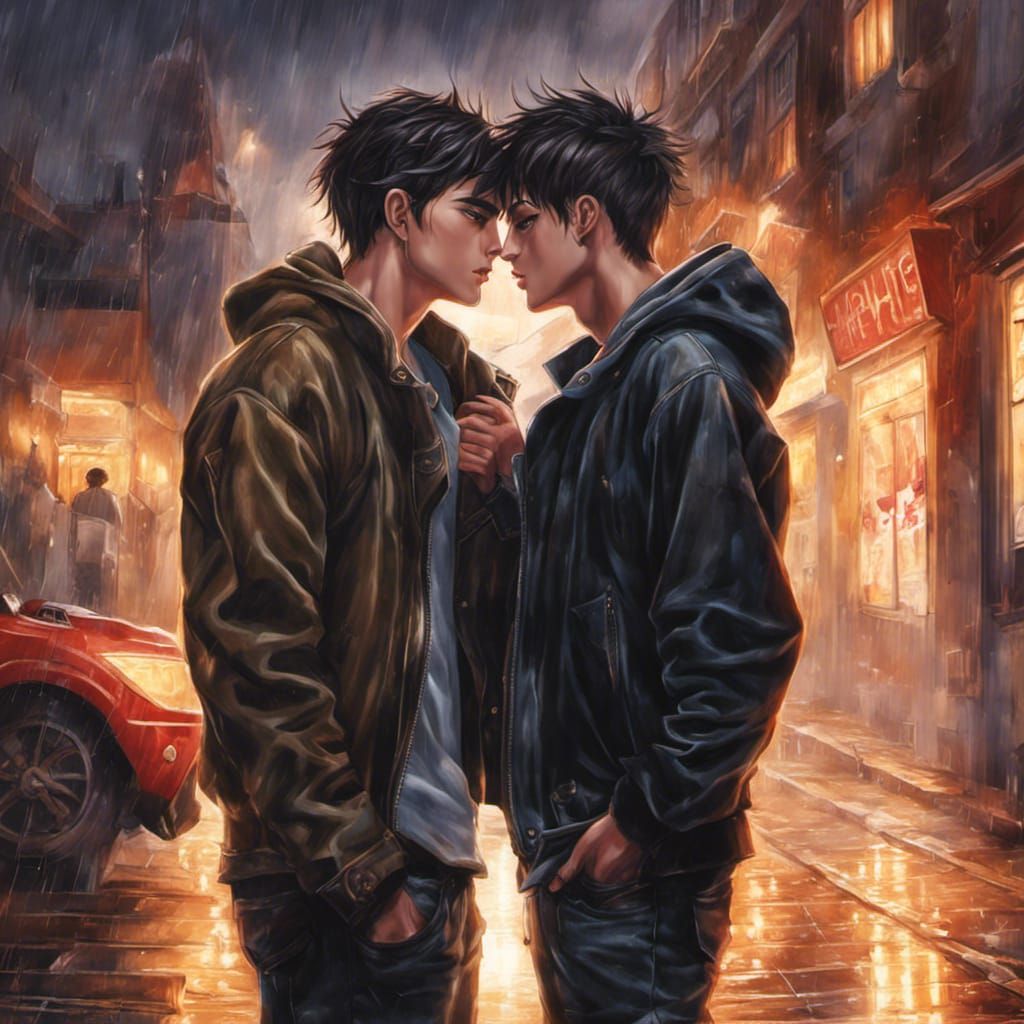 Anime-Style Painting of Two Youths Kissing