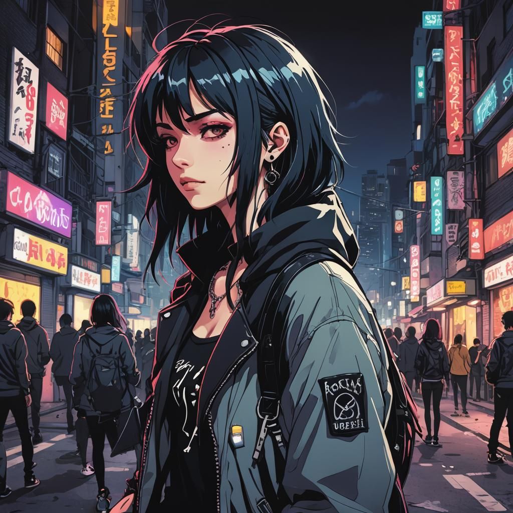 Goth Teen Rocker in Cyberpunk Cityscape