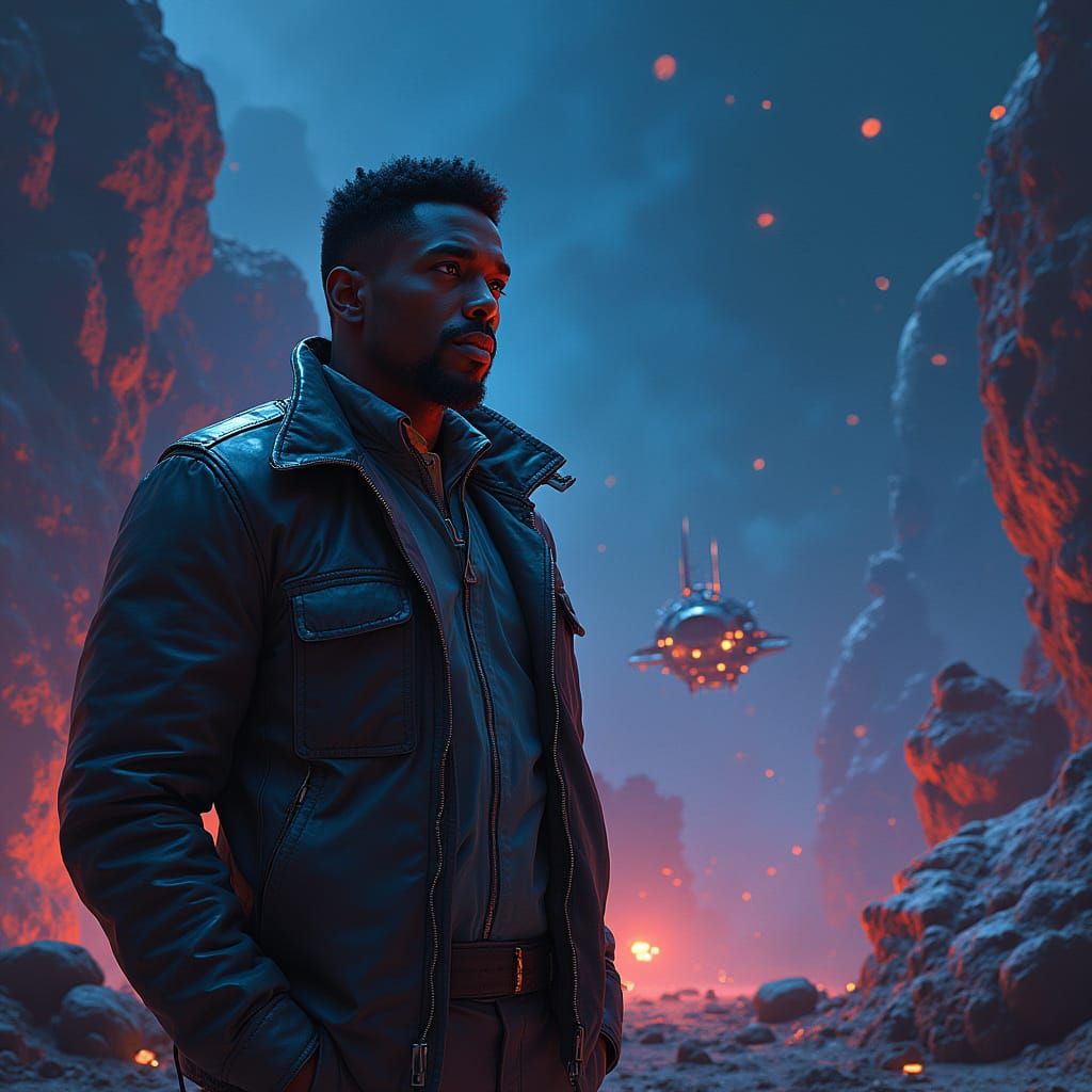 African American Space Trucker in Asteroid Field