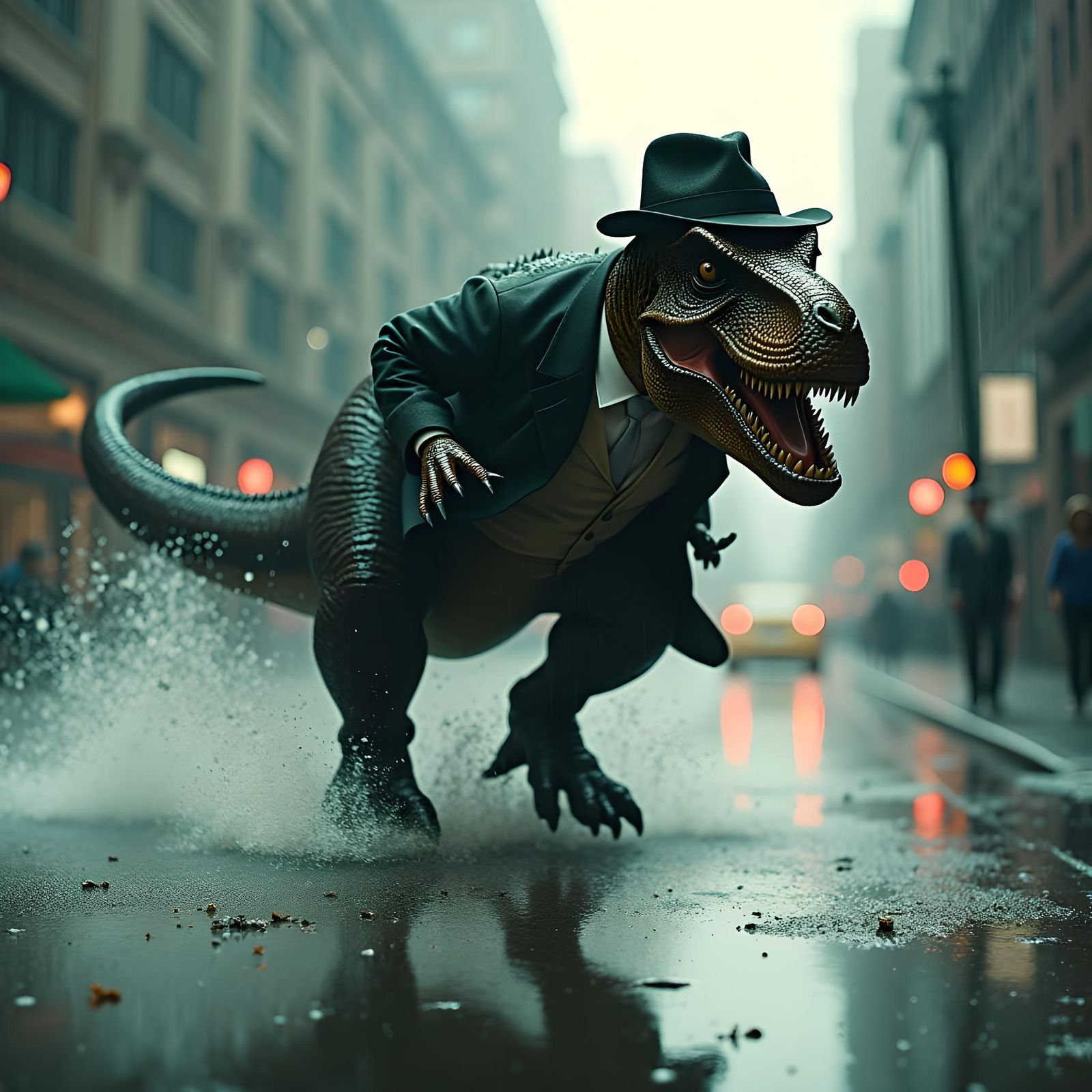 T-Rex in Suit Running in the Rain