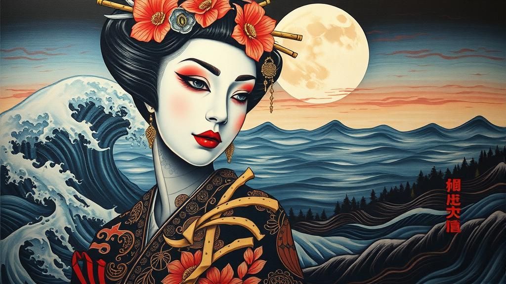 Geisha in Dystopian Surreal Seascape, Automatism Style