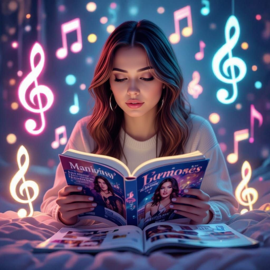 Woman Reading Music Magazines with Glowing Widgets