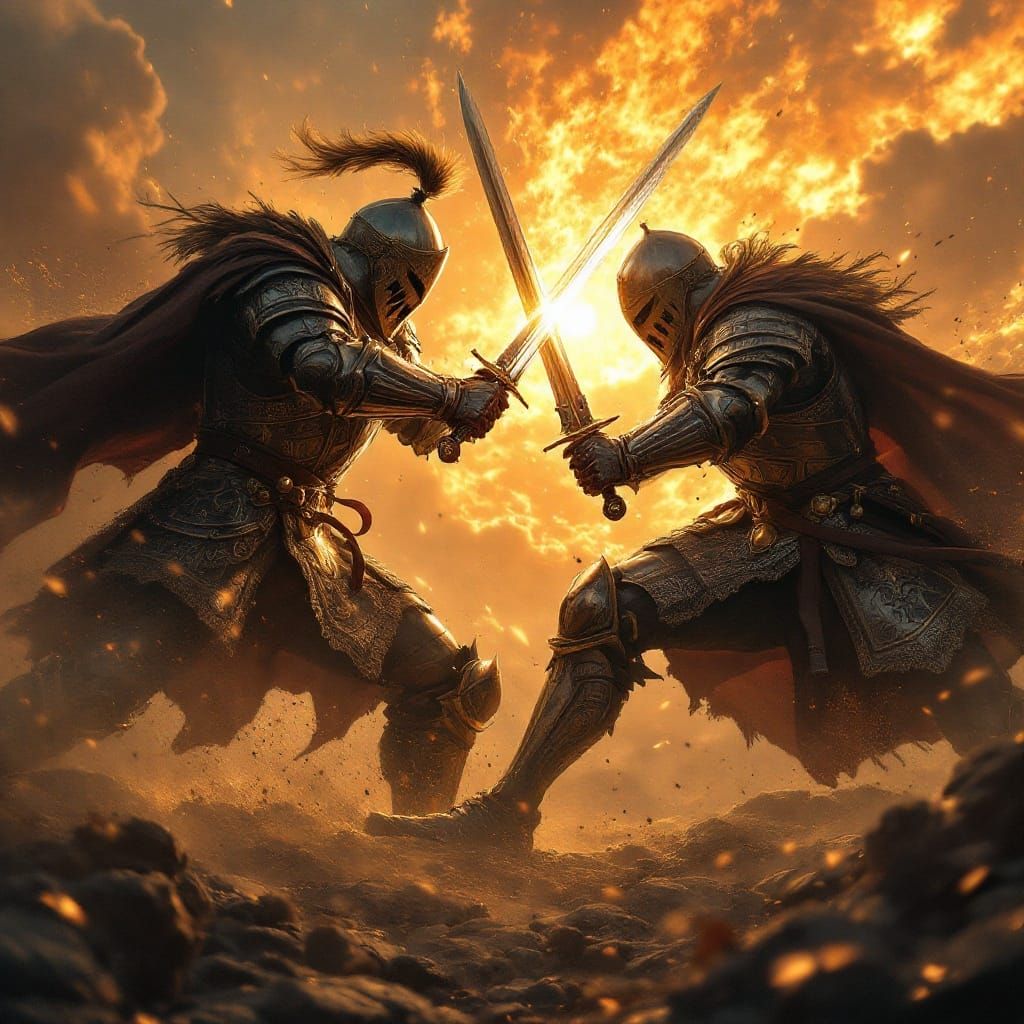 Medieval Warriors Engage in Intense Sword Fight Under Blazin...
