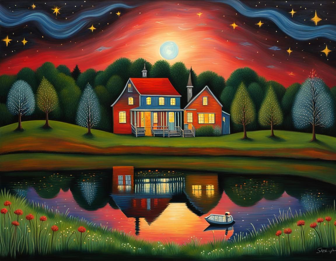 Night Pond Reflections in Naive Folk Art Style