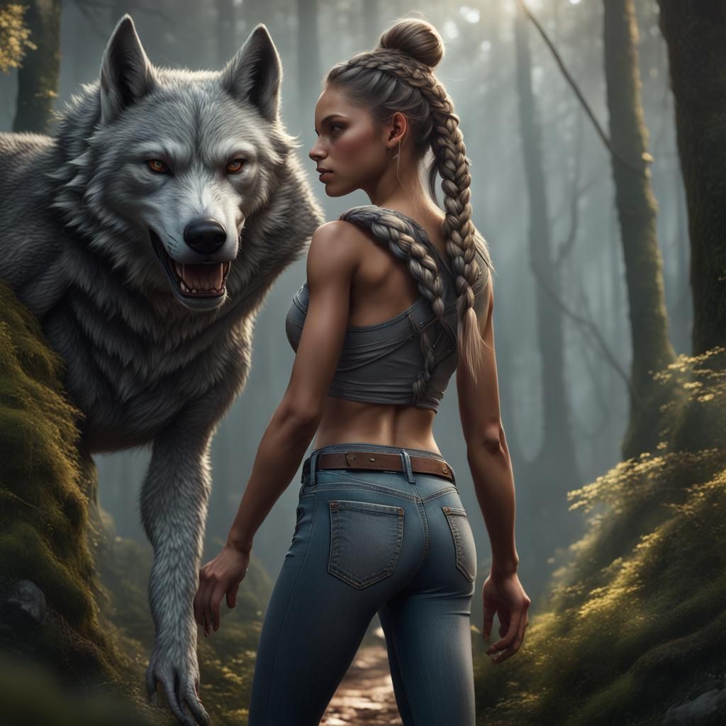 Girl Rides Wolf Through Mythical Forest: Fantasy Art