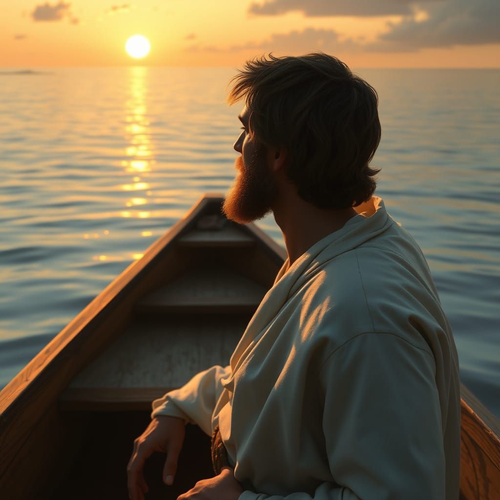 Jesus in Boat at Sunrise: Matte Painting