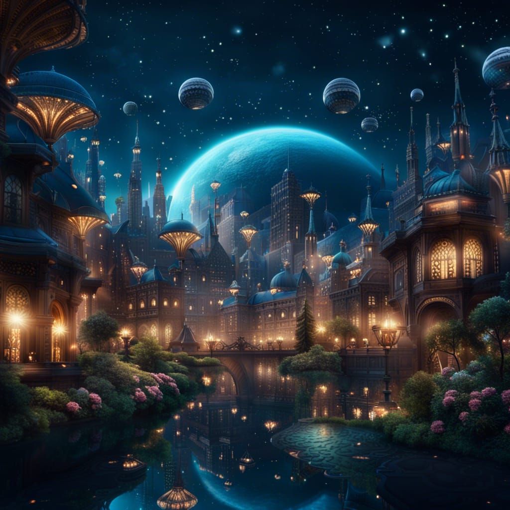 Utopian Cityscape Under a Starry Sky