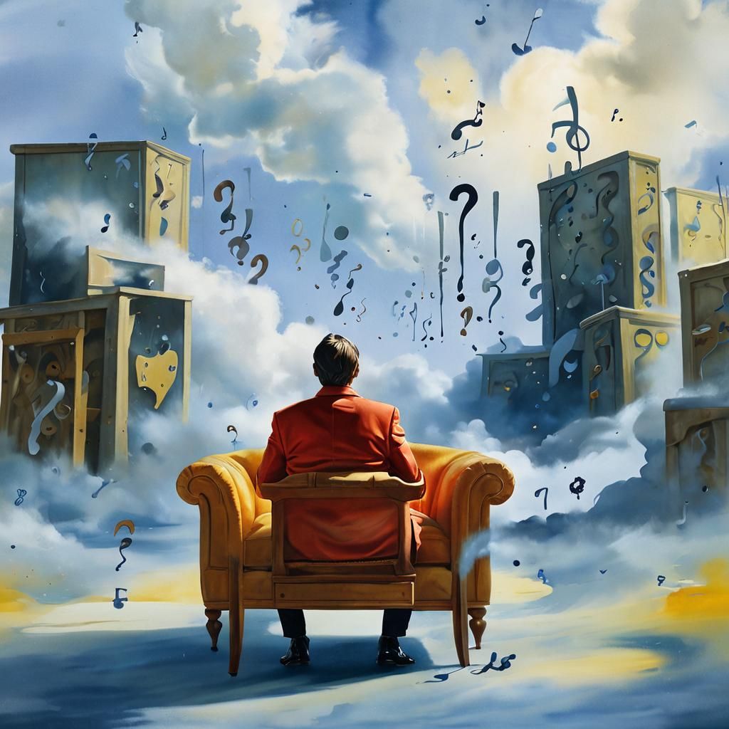 Man in Surrealist Dreamscape with Floating Questions