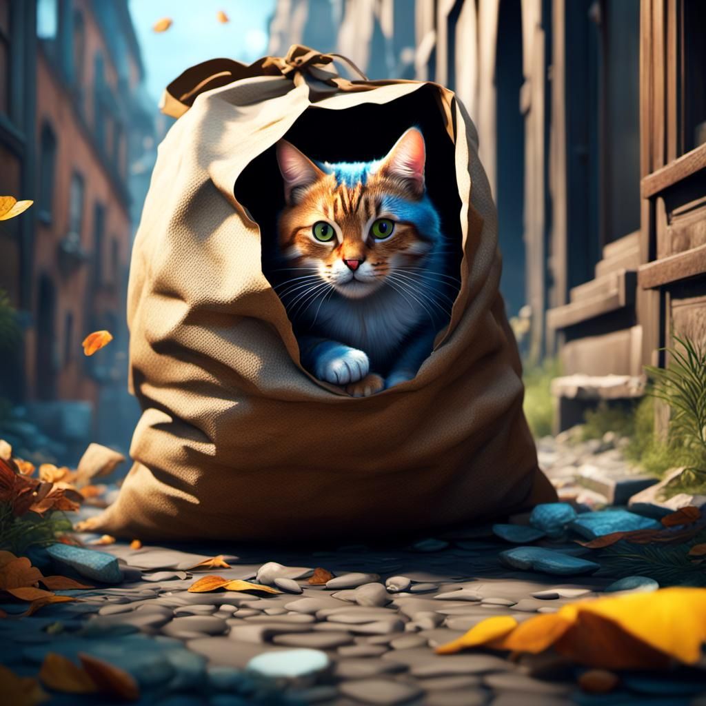 Cat Emerging from Sack: Hyperrealistic Detailed Painting