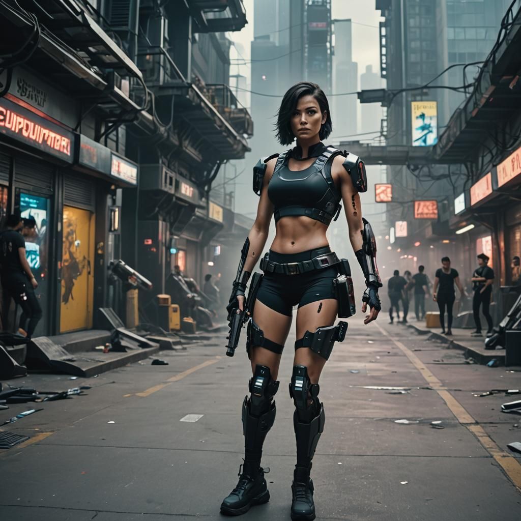 Cyberpunk Woman with Robotic Enhancements in Cityscape