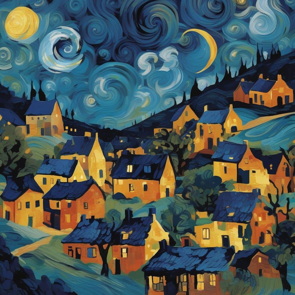 Starry Village Nocturne in Van Gogh Style