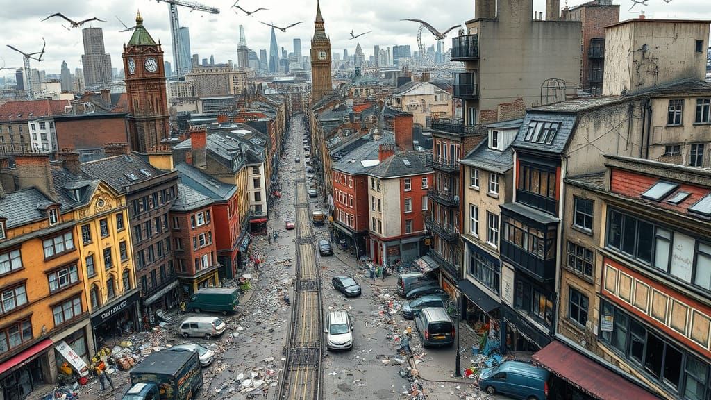 Gritty London Cityscape in Hyperdetailed Caricature Art