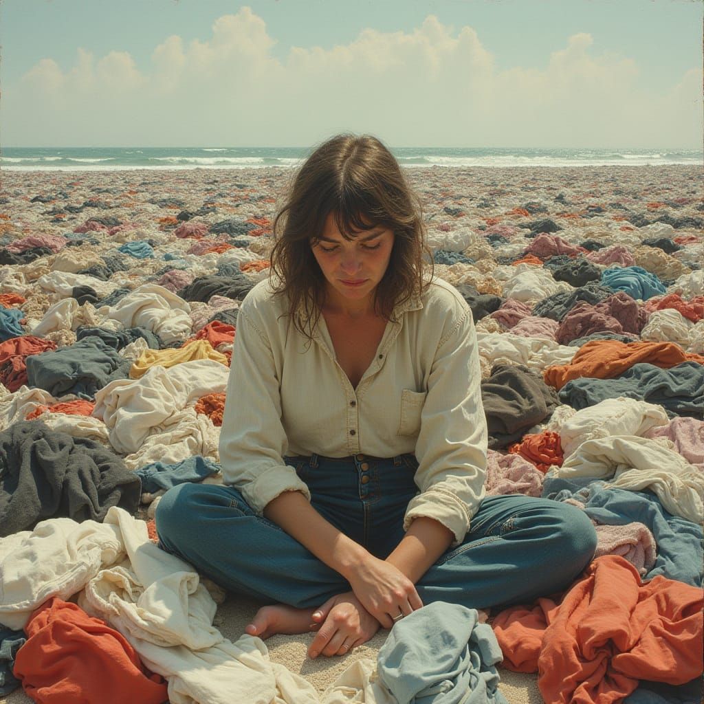 Mother Overwhelmed by Endless Laundry in a Norman Rockwell-I...