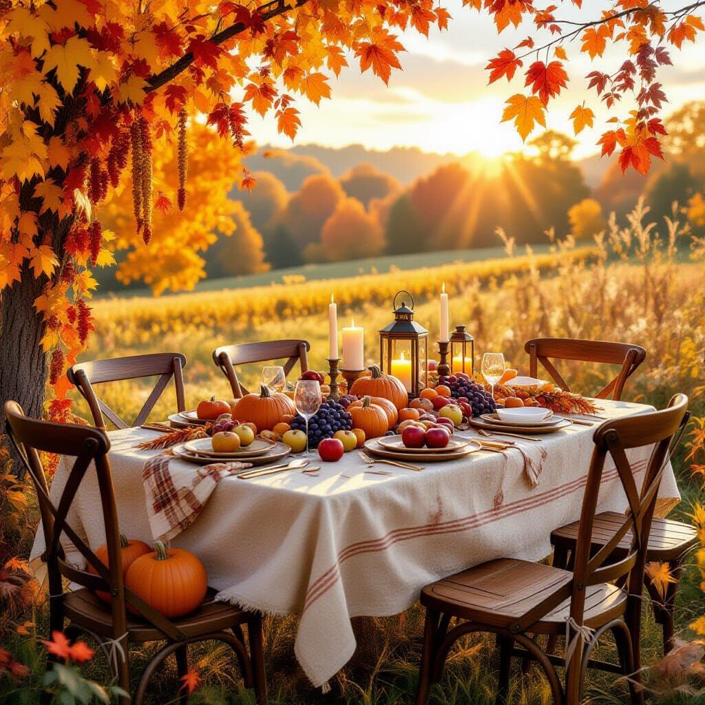 Festive Autumn Harvest Table Outdoors in Golden Light