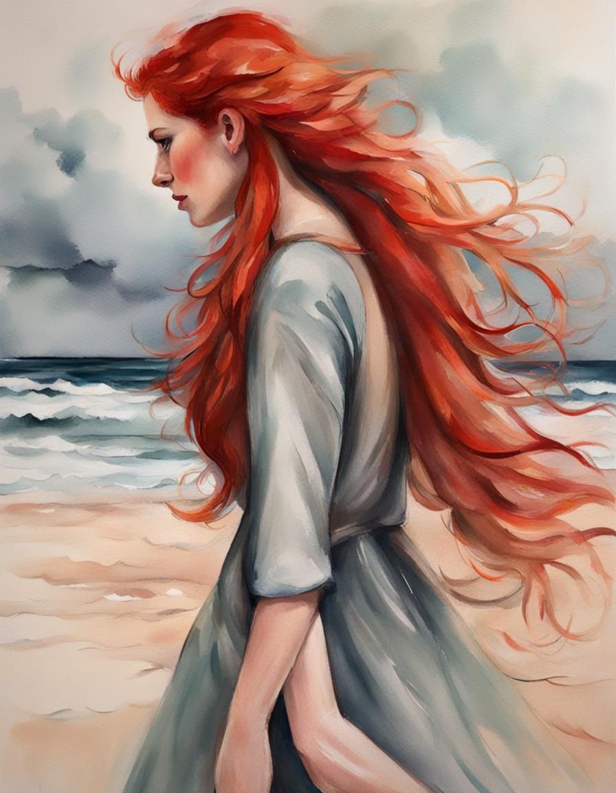 Red-Haired Woman Walking on Beach in Watercolor